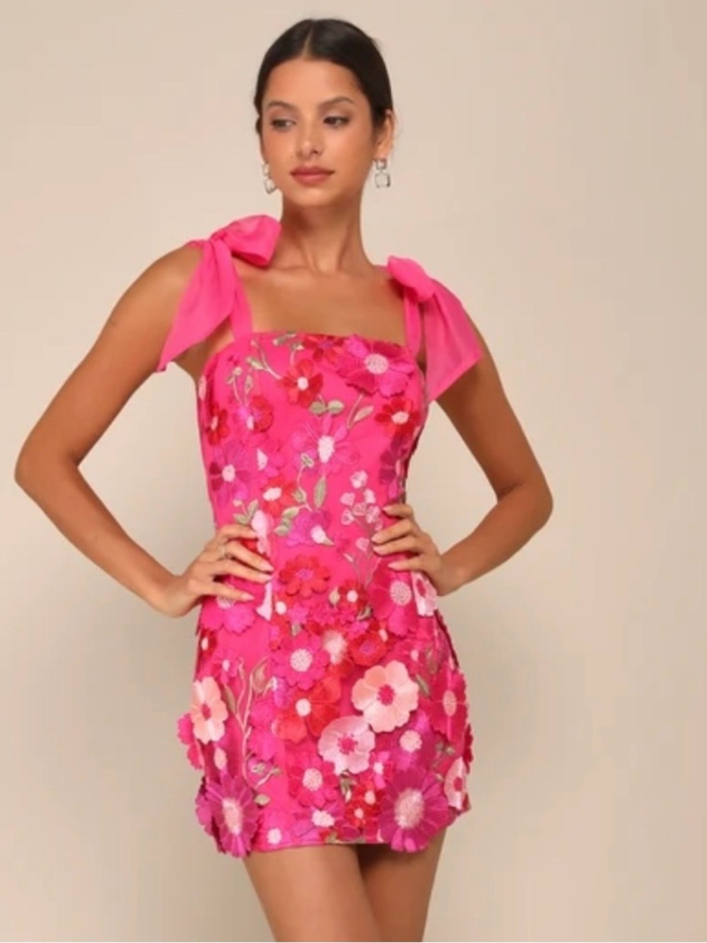 NWT Lulus Emphatically Adorable Hot Pink Floral Tie-Strap Mini Dress L